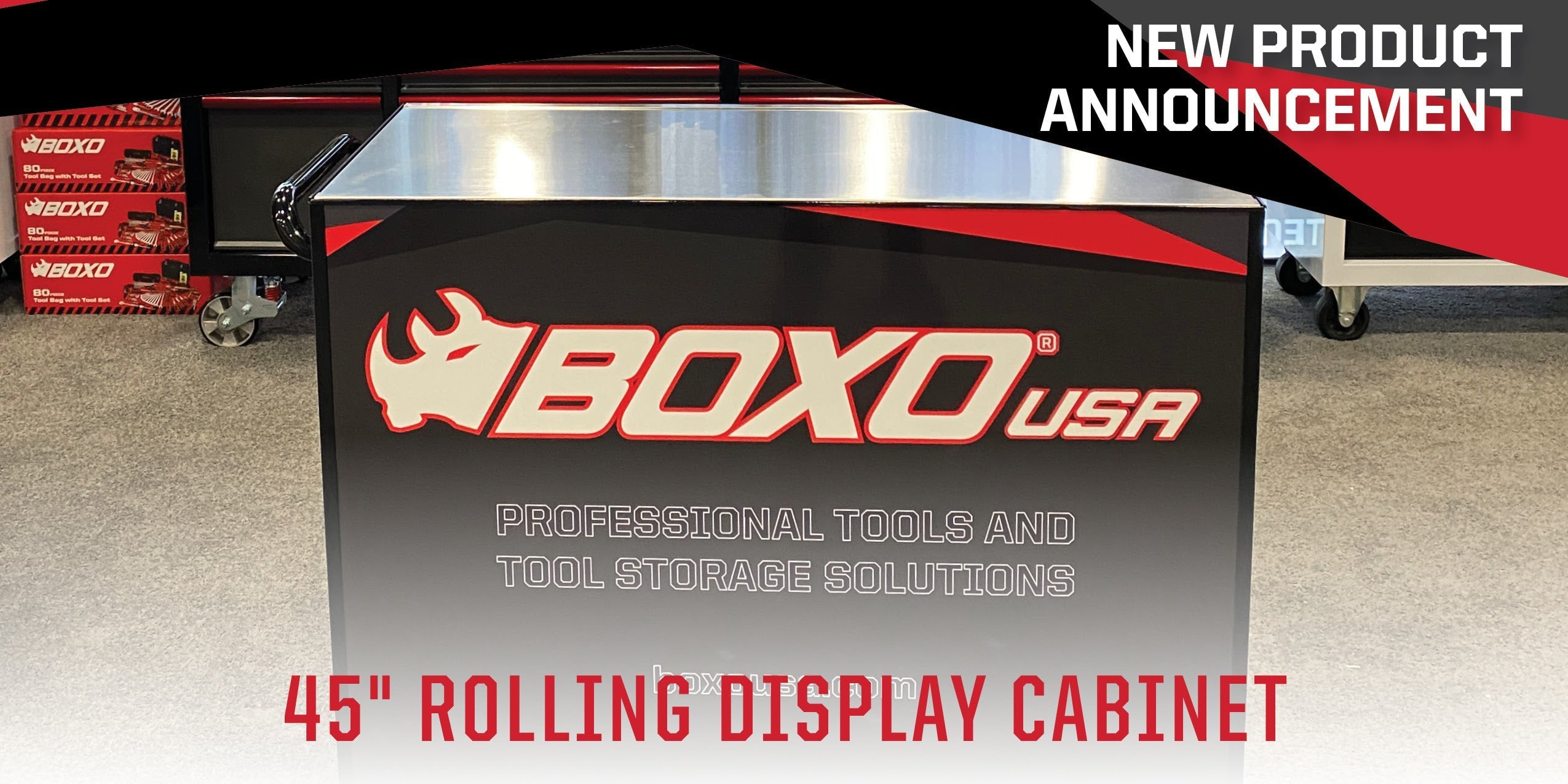 New Product Announcement: BoxoUSA 45" Rolling Display Cabinet-Boxo USA