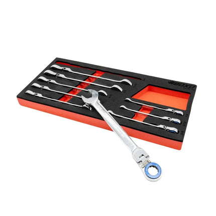 BoxoUSA 9-Piece Flex Head 100T SAE Ratcheting Combination Wrench Set with Magnetic Stop Ring and Grip Open End | 1/3rd EVA Foam BX535-R2