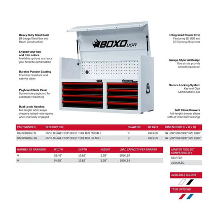 BoxoUSA Pro Series | 45" 8-Drawer Top Chest Tool Box UAC45081AL-BK-R