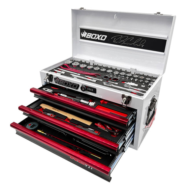 BoxoUSA-MotoBox | Limited Edition Ricky Carmichael 3-Drawer Portable Tool Box with 103-Piece Metric Tool Set | White-[product_sku]