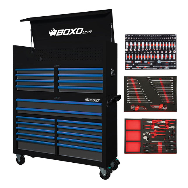 BoxoUSA-Pro Series | 53" 20-Drawer Rolling Tool Box With 217-Piece Master Tool Set | Gloss Black, Blue Trim-[product_sku]