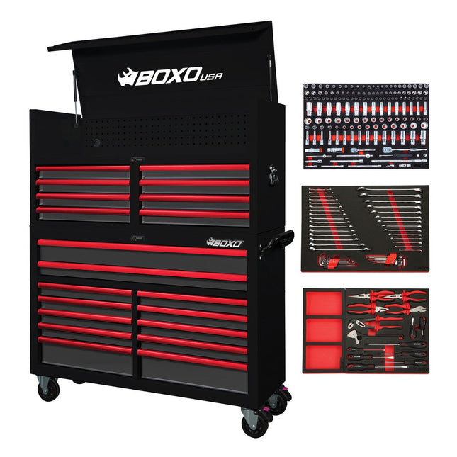 BoxoUSA-Pro Series | 53" 20-Drawer Rolling Tool Box With 217-Piece Master Tool Set | Gloss Black, Red Trim-[product_sku]