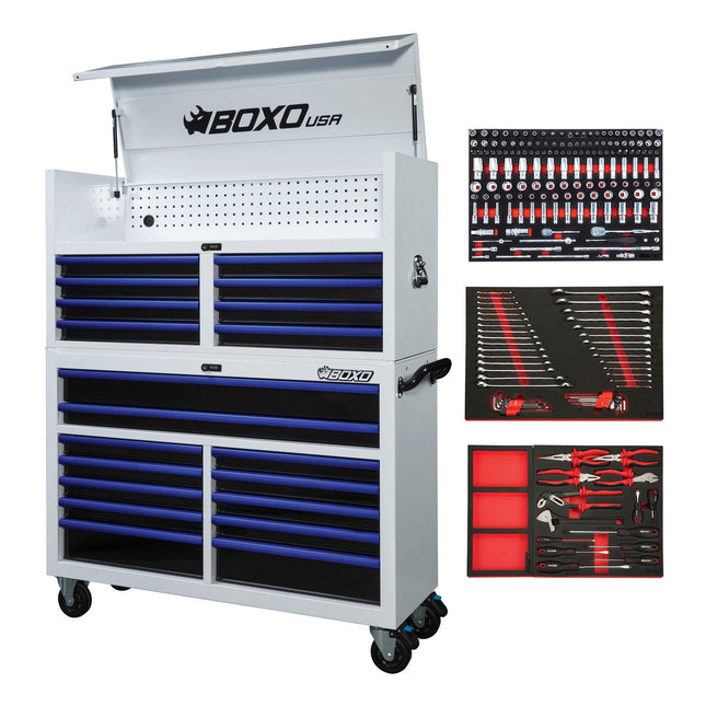BoxoUSA-Pro Series | 53" 20-Drawer Rolling Tool Box With 217-Piece Master Tool Set | Gloss White, Blue Trim-[product_sku]