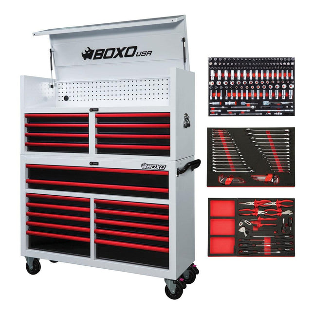 BoxoUSA-Pro Series | 53" 20-Drawer Rolling Tool Box With 217-Piece Master Tool Set | Gloss White, Red Trim-[product_sku]