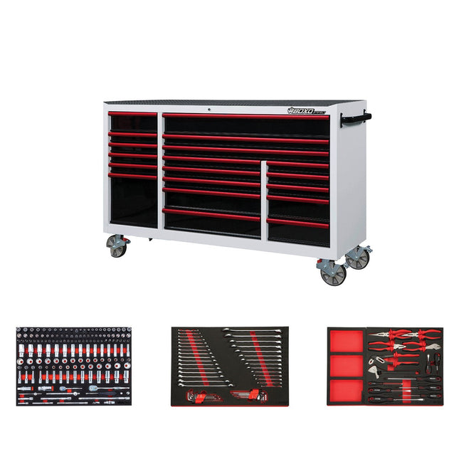 BoxoUSA-Pro Series | 72” 19-Drawer Bottom Roll Cabinet With 217-Piece Master Tool Set | Gloss White, Red Trim-[product_sku]
