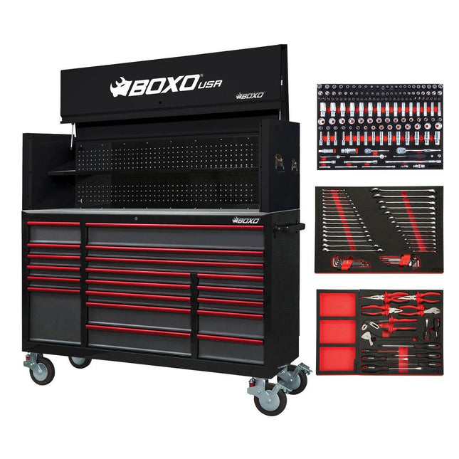 BoxoUSA-Pro Series | 72" 19-Drawer Rolling Tool Box with Garage Top and 217-Piece Master Tool Set | Gloss Black, Red Trim-[product_sku]