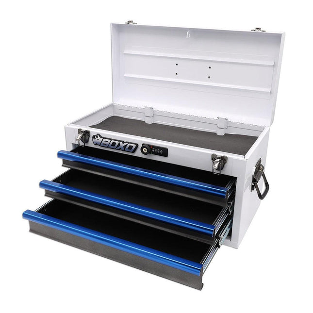 20" 3-Drawer Portable Steel Tool Box | White and Blue