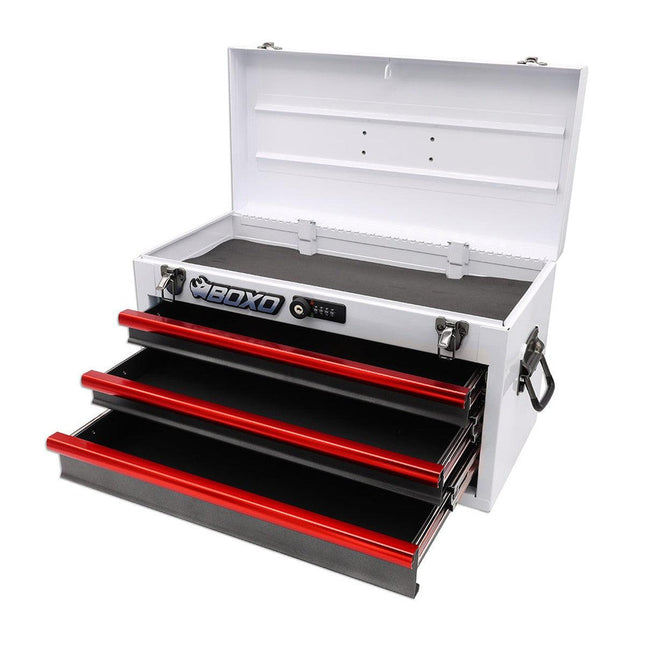 20" 3-Drawer Portable Steel Tool Box | White and Red