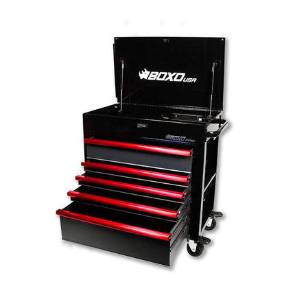 Pro Series | 35" 5-Drawer Flip Top Service Cart | Gloss Black, Red Trim