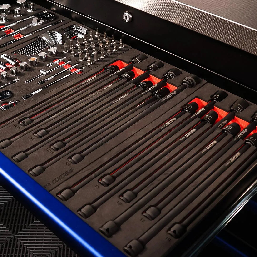 BoxoUSA BX947-R metric and BX948-R SAE universal impact extension socket sets in EVA foam inside a tool box drawer