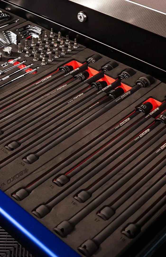 BoxoUSA BX947-R metric and BX948-R SAE universal impact extension socket sets in EVA foam inside a tool box drawer