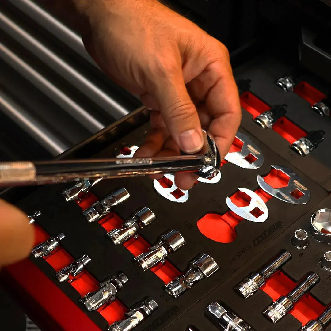 BoxoUSA BX895-R2 9-piece SAE crowfoot wrench set in foam tray.