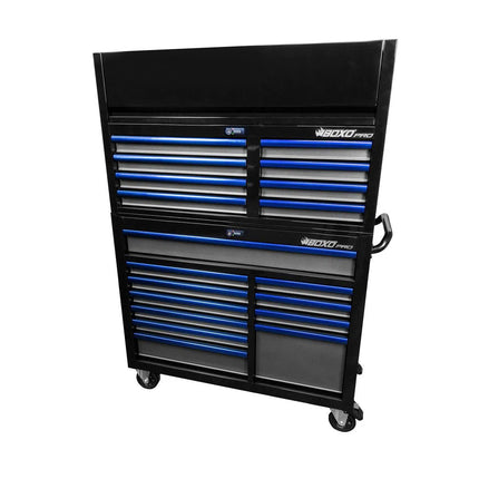 BoxoUSA Pro Series | Loaded 45" 19-Drawer Rolling Tool Box | Black and Blue 45TBM-BK-B1