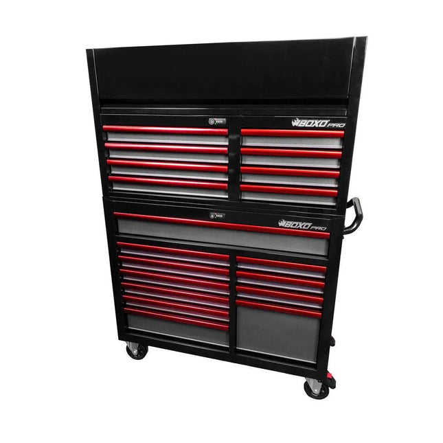 BoxoUSA Pro Series | 45" 19-Drawer Rolling Tool Box with 222-Piece Master Tool Set | Black and Red 45TBM-BK-R1
