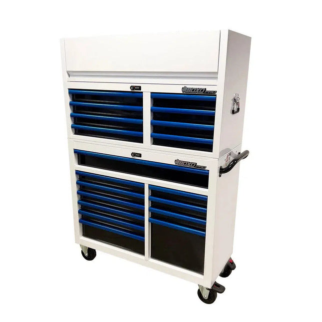 BoxoUSA Pro Series | Loaded 45" 19-Drawer Rolling Tool Box | White and Blue 45TBM-W-B1