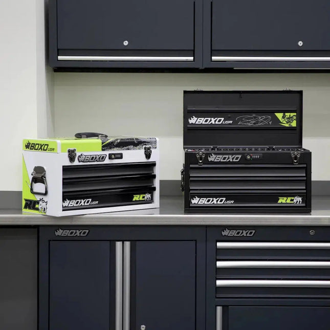 BoxoUSA MotoBox | Ricky Carmichael 3-Drawer Portable Tool Box with 103-Piece Metric Motorcycle Tool Set MOTOBX1-BK-RC2
