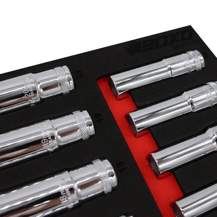 BoxoUSA 16-Piece 1/2" Drive Metric 6-Point Deep Socket Set | 1/3 Drawer EVA Foam BX017A-R2