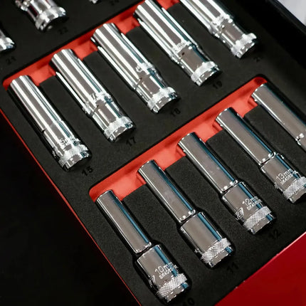 BoxoUSA 16-Piece 1/2" Drive Metric 6-Point Deep Socket Set | 1/3 Drawer EVA Foam BX017A-R2