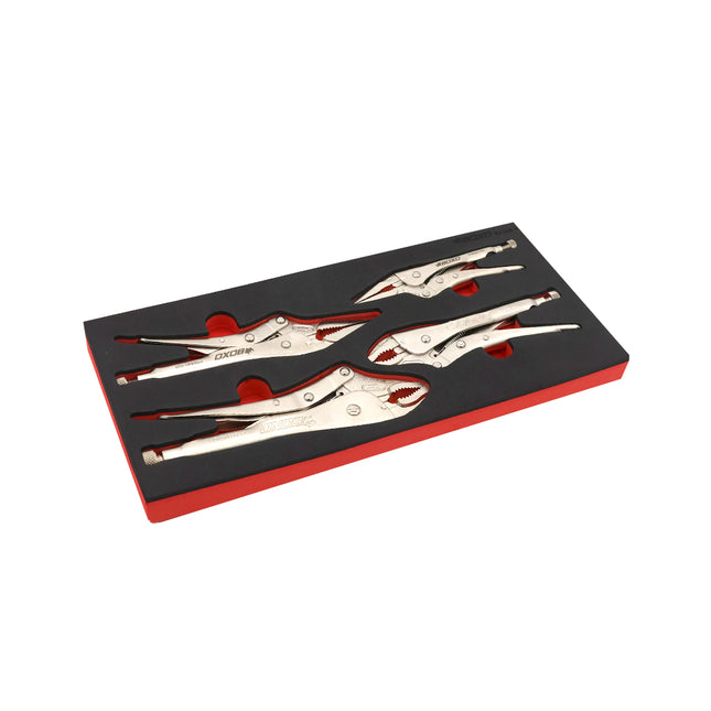 BoxoUSA 4-piece locking pliers set in red and black 1/3 drawer EVA foam insert, angled view