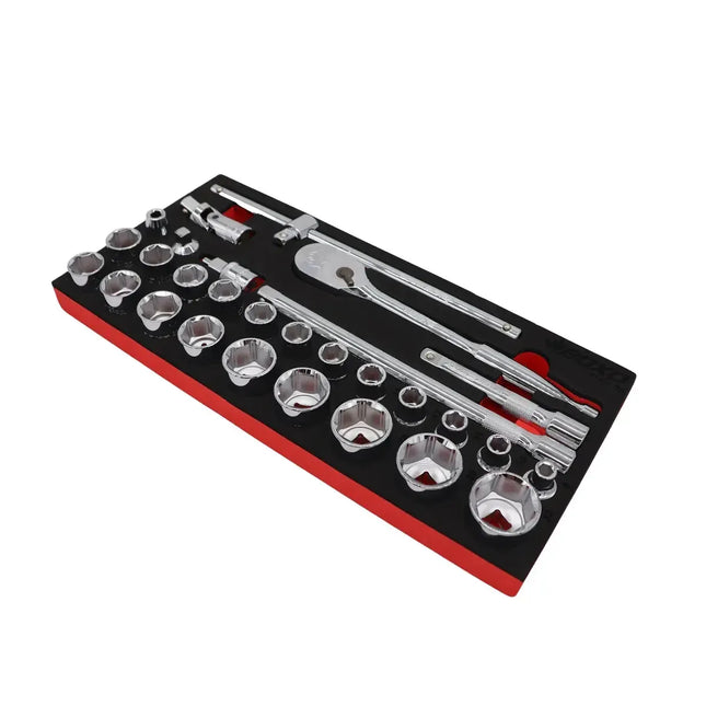 BoxoUSA 29-Piece 1/2" Drive 6-Point Metric Socket Set | 1/3 Drawer EVA Foam BX537-R2