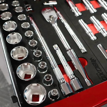 BoxoUSA 29-Piece 1/2" Drive 6-Point Metric Socket Set | 1/3 Drawer EVA Foam BX537-R2