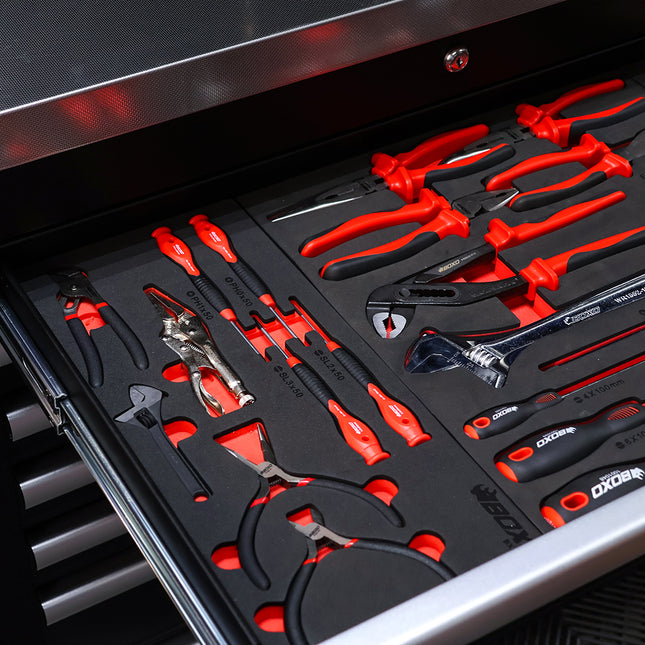 9-piece precision mini pliers, wrench and screwdriver set in a 1/3 drawer EVA foam insert beside other BoxoUSA foam sets in an open drawer