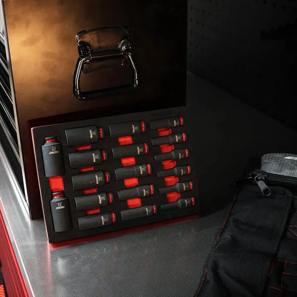 BoxoUSA 18-Piece 3/8" Drive 6-Point Metric Deep Impact Socket Set | 2/9 Drawer EVA Foam BX834-R