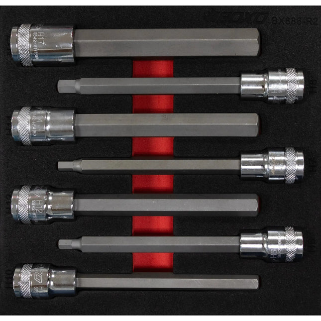 BoxoUSA 7-Piece 1/2" Drive Long Hex Bit Socket | 1/6 Drawer EVA Foam BX886-R2
