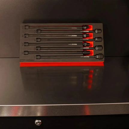 BoxoUSA BX948-R SAE universal impact extension socket set in red and black EVA foam on a stainless work surface