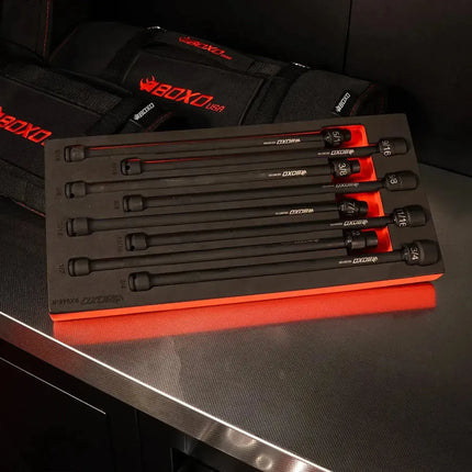 BoxoUSA BX948-R SAE universal impact extension socket set in EVA foam on a stainless worktop beside BOXO tool bags
