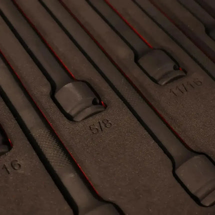Close-up of BoxoUSA SAE universal impact extension sockets in EVA foam pockets marked 5/8 and 11/16 inch
