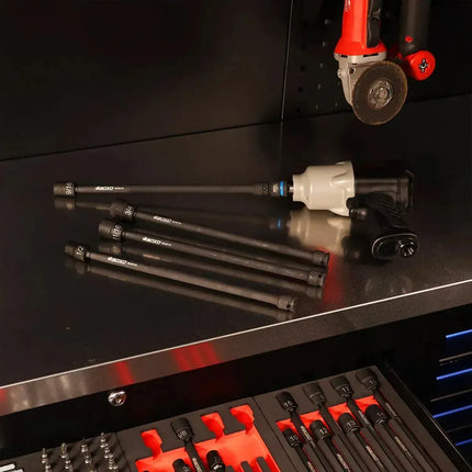 BoxoUSA universal impact extension sockets and a pneumatic impact wrench on a stainless tool box work surface