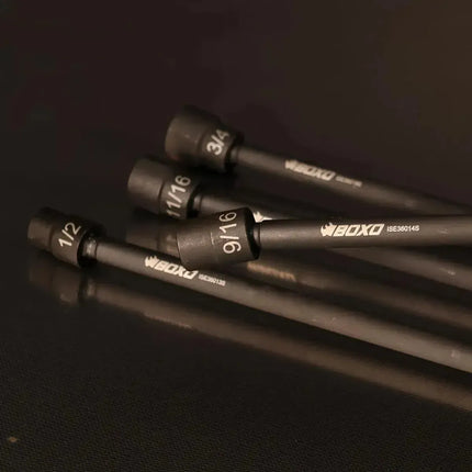 Group of BoxoUSA SAE universal impact extension sockets showing stamped sizes and integrated universal joints