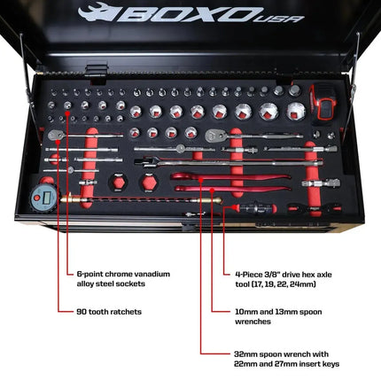 BoxoUSA MotoBox | Ricky Carmichael 26" 5-Drawer Portable Tool Box with 103-Piece Metric Motorcycle Tool Set MOTOBX5-BK-RC2