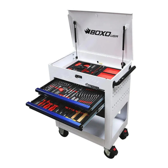 BoxoUSA Pro Series | 28" 3-Drawer Flip-Top Service Cart with 160-Piece Quick Service Master Tool Set 28BQS-BK-R