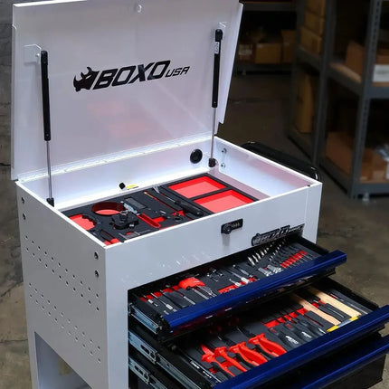 BoxoUSA Pro Series | 28" 3-Drawer Flip-Top Service Cart with 160-Piece Quick Service Master Tool Set 28BQS-BK-R