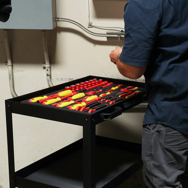The Boxo USA 3-Tier Utility Cart being used by an electrician with an electrical tool set