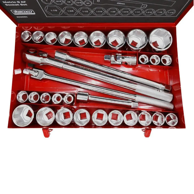 BoxoUSA 32-Piece Metric & SAE 3/4" Drive 6-Point Socket Set And Ratchet BXM001