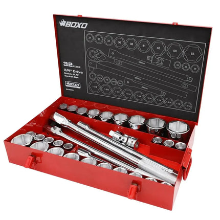 BoxoUSA 32-Piece Metric & SAE 3/4" Drive 6-Point Socket Set And Ratchet BXM001