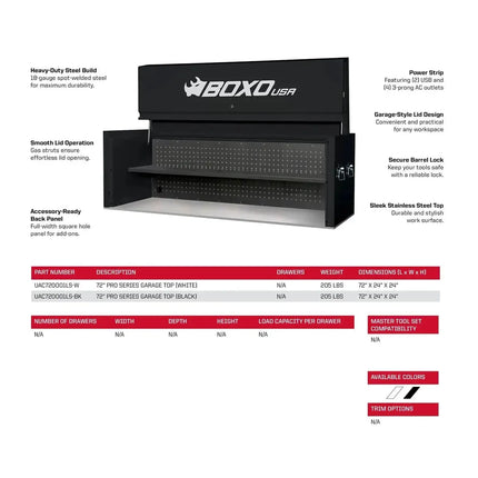 BoxoUSA Pro Series | Garage Top for 72" 14-Drawer Rolling Tool Box UAC720001S-BK