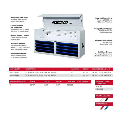 BoxoUSA Pro Series | 53" 20-Drawer Rolling Tool Box | White and Red 53TB-W-R