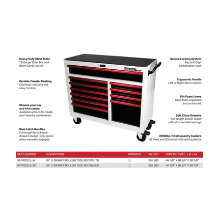 BoxoUSA Pro Series | 45" 11-Drawer Rolling Tool Box UAT450111LM-W-R