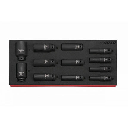 BoxoUSA 12-Piece 1/2" Dr Metric Deep 6-Point Impact Socket Set | 1/3rd EVA Foam BX124-R