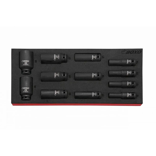 BoxoUSA 12-Piece 1/2" Dr Metric Deep 6-Point Impact Socket Set | 1/3rd EVA Foam BX124-R