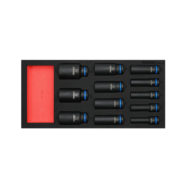 BoxoUSA-12-Piece 1/2" Drive 6-Point Deep Impact Socket Set | 1/3rd EVA Foam-BX816-R