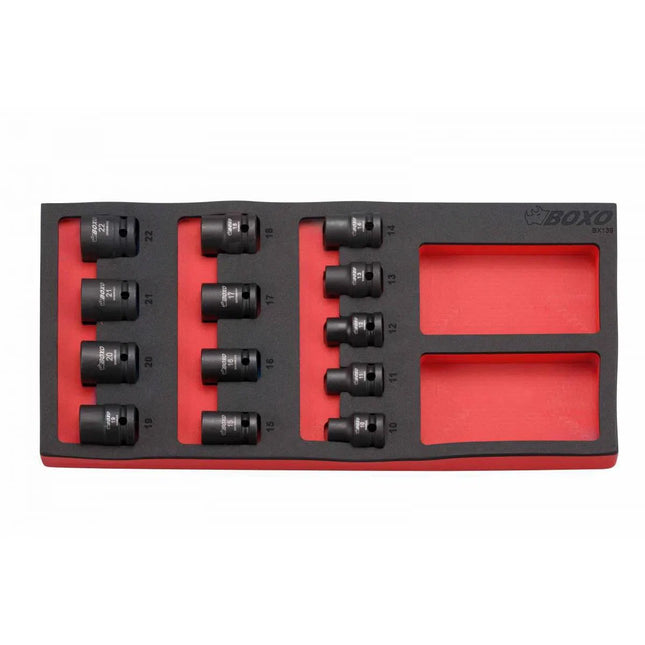 BoxoUSA 13 Pc 1/2" Drive Metric Standard Length 6 Pt Impact Socket Set | 1/3rd EVA Foam BX139-R