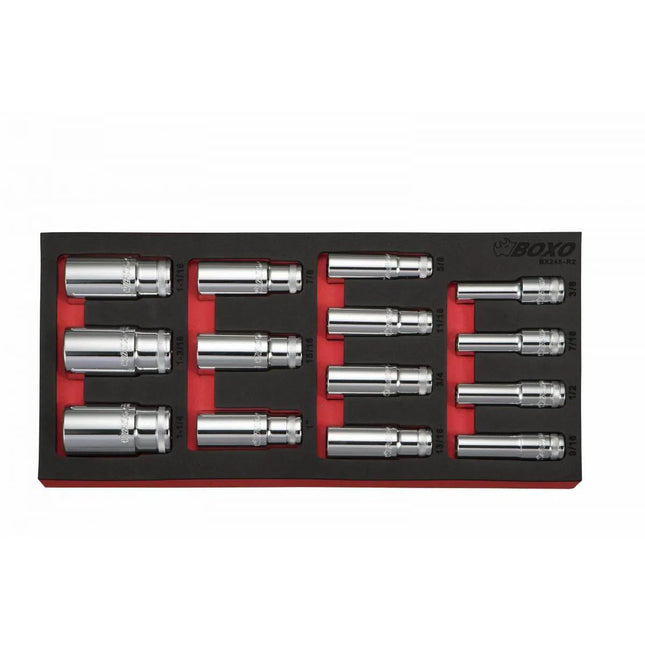 BoxoUSA 14-Piece 1/2" Drive SAE Deep Socket Set | 1/3rd EVA Foam BX245-R2