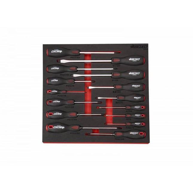 BoxoUSA 15-Piece Slotted, Phillips & Pozi Tip Screwdriver Set | 2/3rd EVA Foam BX094-R