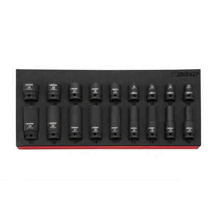 BoxoUSA 18-Piece 1/2" Drive 6-Point Metric Deep Impact Socket Set | 1/3rd EVA Foam BX113-R