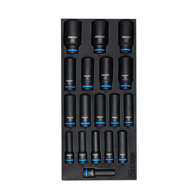 BoxoUSA-18-Piece 1/2" Drive Metric 6-Point Deep Impact Socket Set | 1/3rd EVA Foam-BX769-R